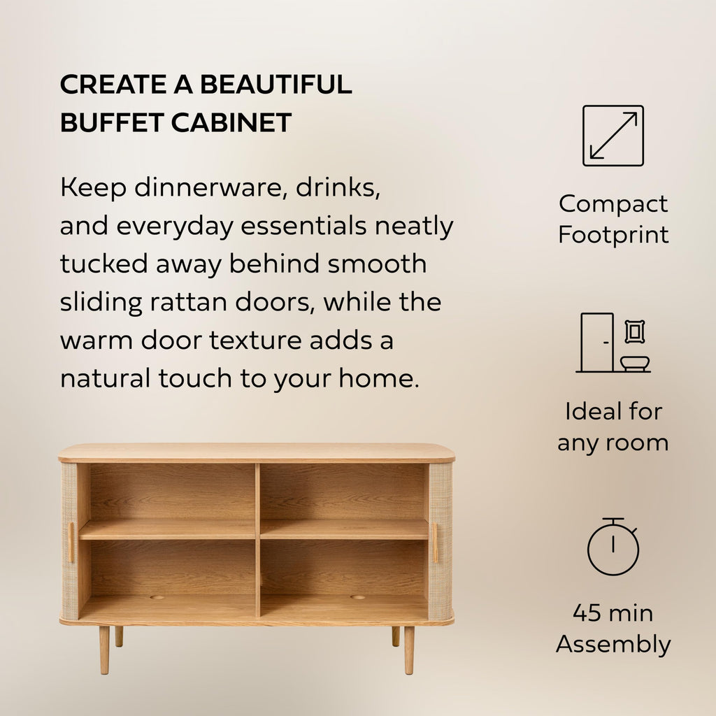 60'' Rattan Buffet Cabinet with Sliding Doors, Adjustable Shelves & Storage - Coastal Rattan Sideboard, Oak Wood