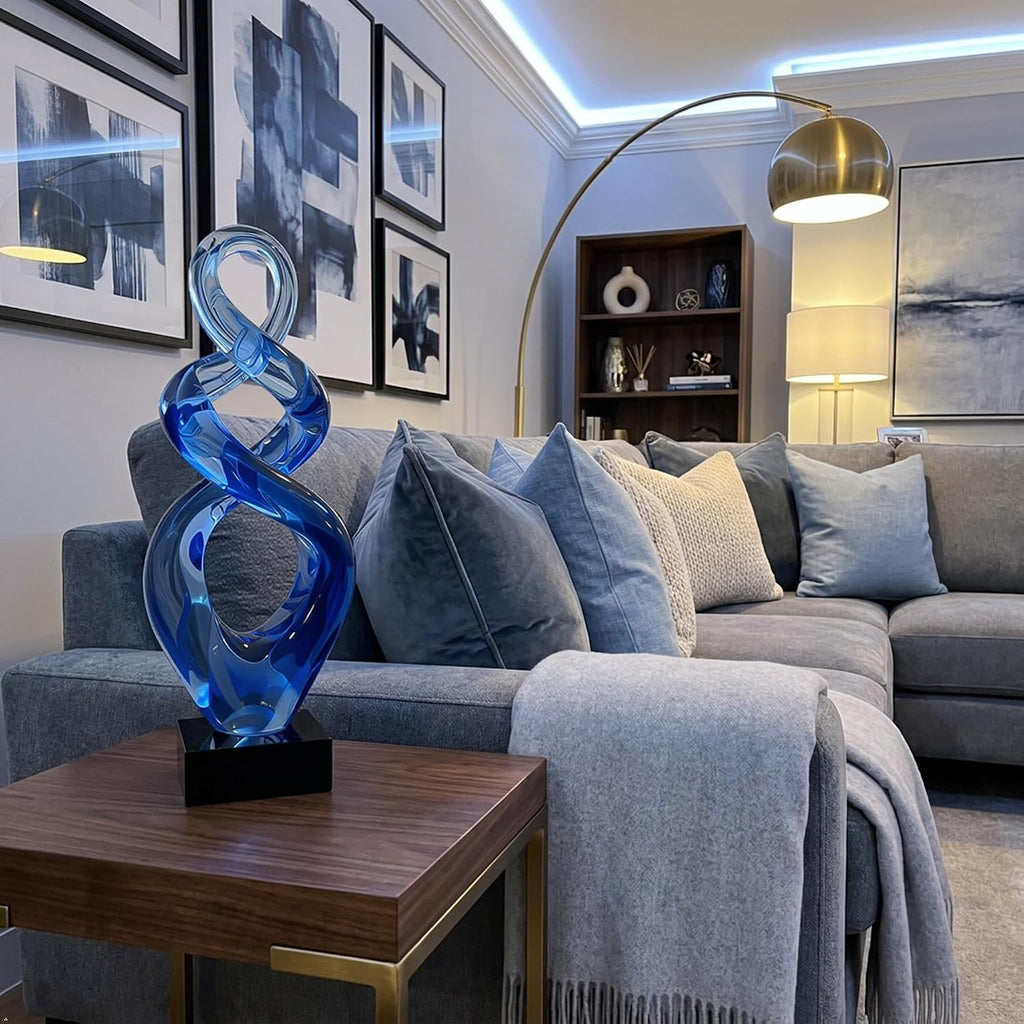 Hand Blown Murano Style Glass Sculpture - Abstract Twist Infinity Modern Glass Artwork, Blue Glass Decor, Entryway - Set of 50