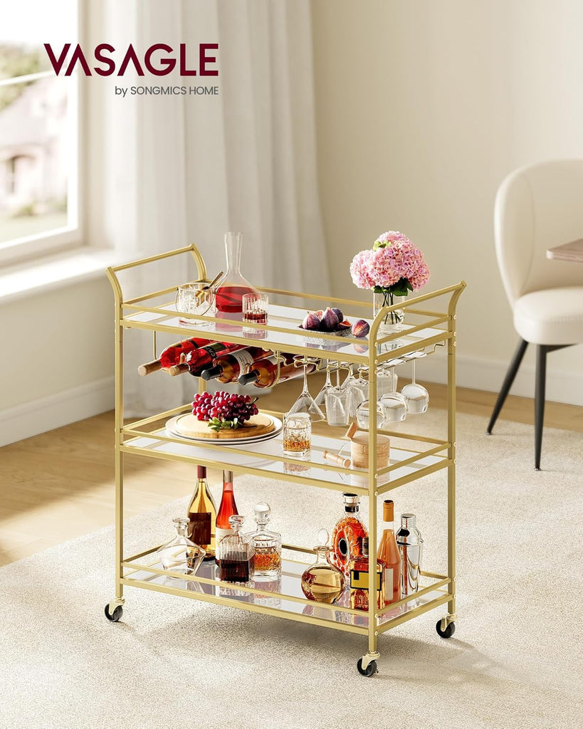 Bar Cart Gold, Large Home Bar Serving Cart with 3-Tier Mirrored Shelf, Wine Holders, Glass Holders, Kitchen, 15 x