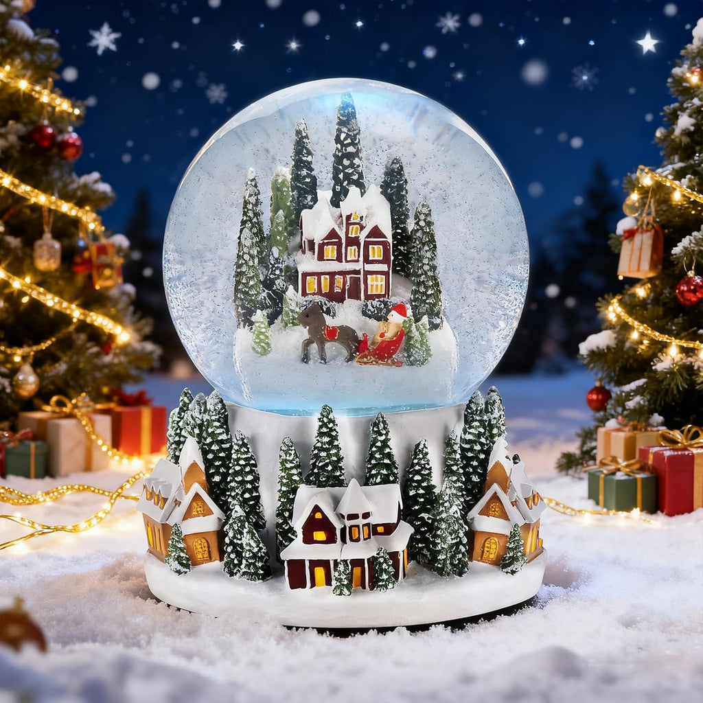 Christmas Village Snow Globe Lantern Musical Lighted Snowy Mountain Village Water Lantern with Swirling Glitter