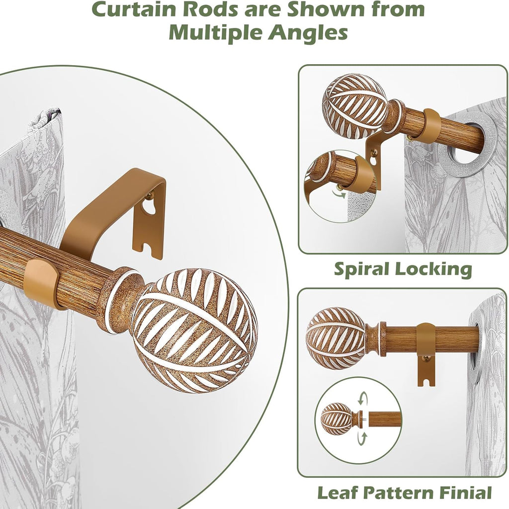 Wood Boho Curtain Rods for Windows:Wooden Farmhouse Decorative Curtain Rod for Bedroom Living Room,Heavy Duty