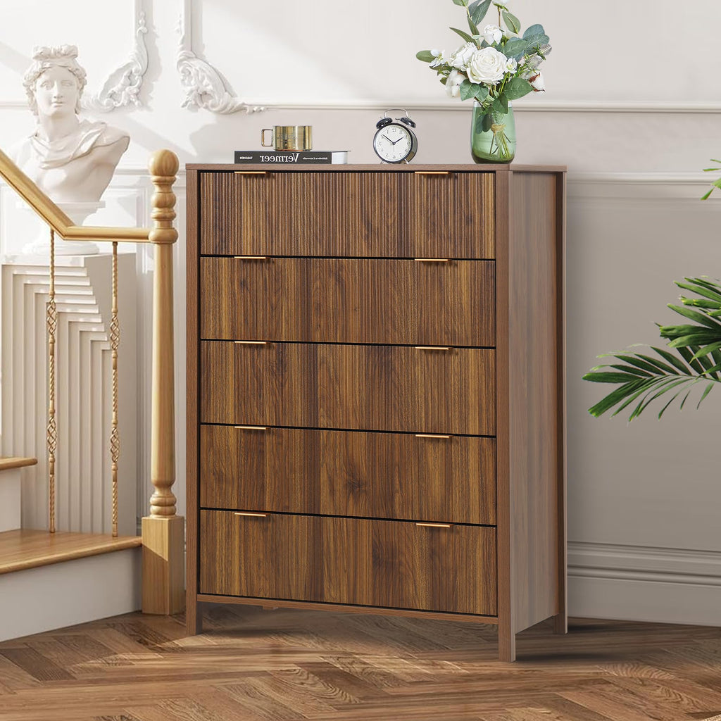 5 Drawer Dressers, Modern Closet Chest of Drawers with Waveform Fluted Panel, Large Wood Storage Dresser Organizer
