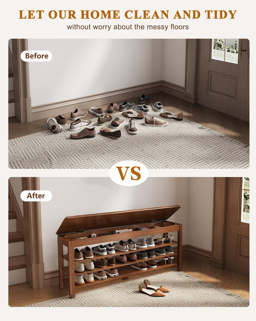 Shoe Rack Bench Seat Rubberwood 3-Tier Wooden Storage Bench 550lbs Compact Mid-Century Modern Design, Closet, Front
