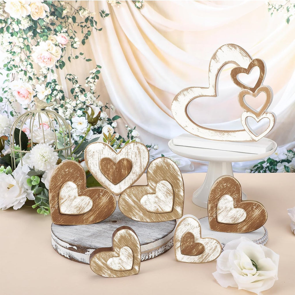 Valentines Day Decoration Wooden Heart Tiered Tray Decor Retro Valentines Day Hearts Blocks Sign Rustic - Set of 7