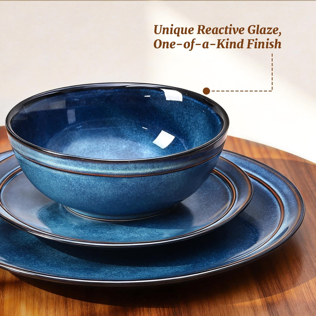 Plates and Bowls Sets 12 Pieces, Blue Reactive Glaze Dinnerware Set
