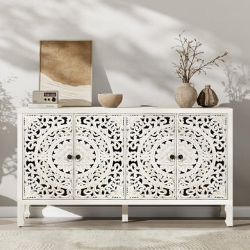 Buffet Cabinet with Storage, Accent Cabinet with 4 Carved Doors, Solid Wood Sideboard with Adjustable Shelf, White