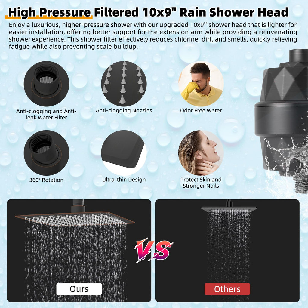 Metal 10'' Filtered Rainfall Shower Head with Handheld Combo, High Pressure Shower Wand, 16'' Adjustable Arc