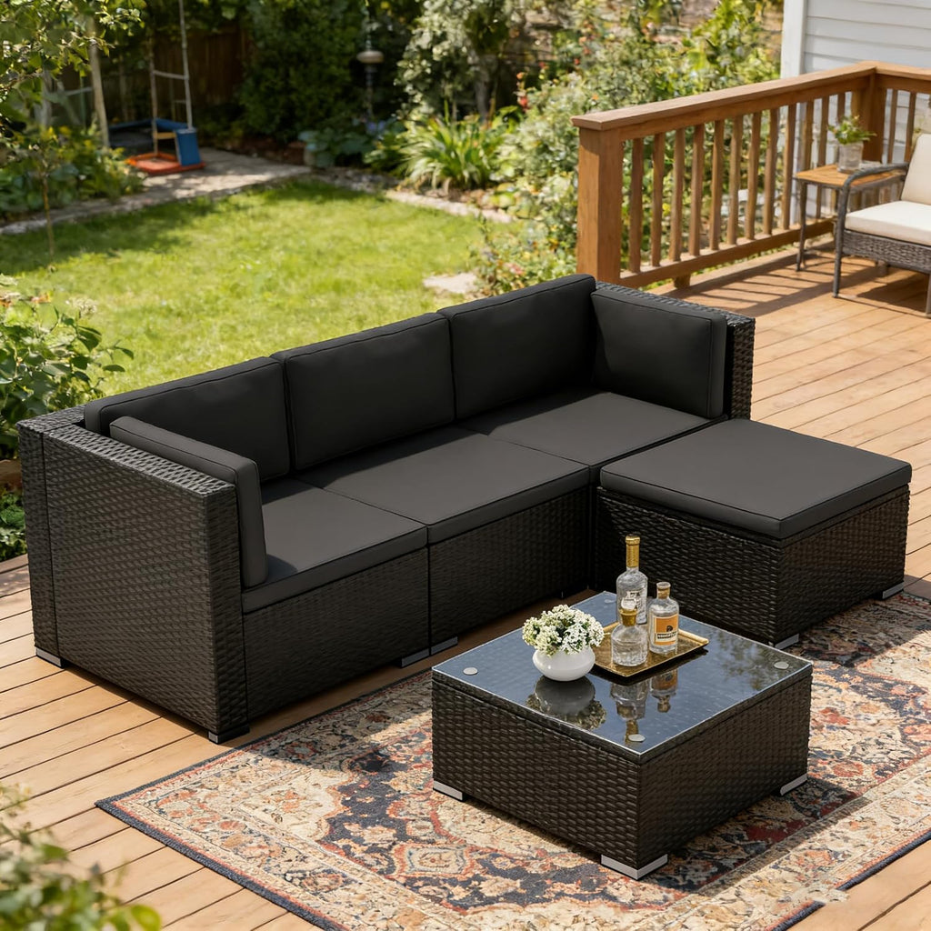 5-Piece Outdoor Patio Furniture Set, All-Weather PE Rattan Sectional Sofa with Ottoman, Glass Coffee Table &