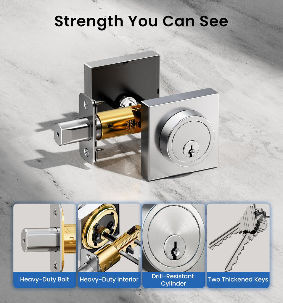 Modern Square Deadbolt, Satin Nickel Single Cylinder Door Lock ANSI 3