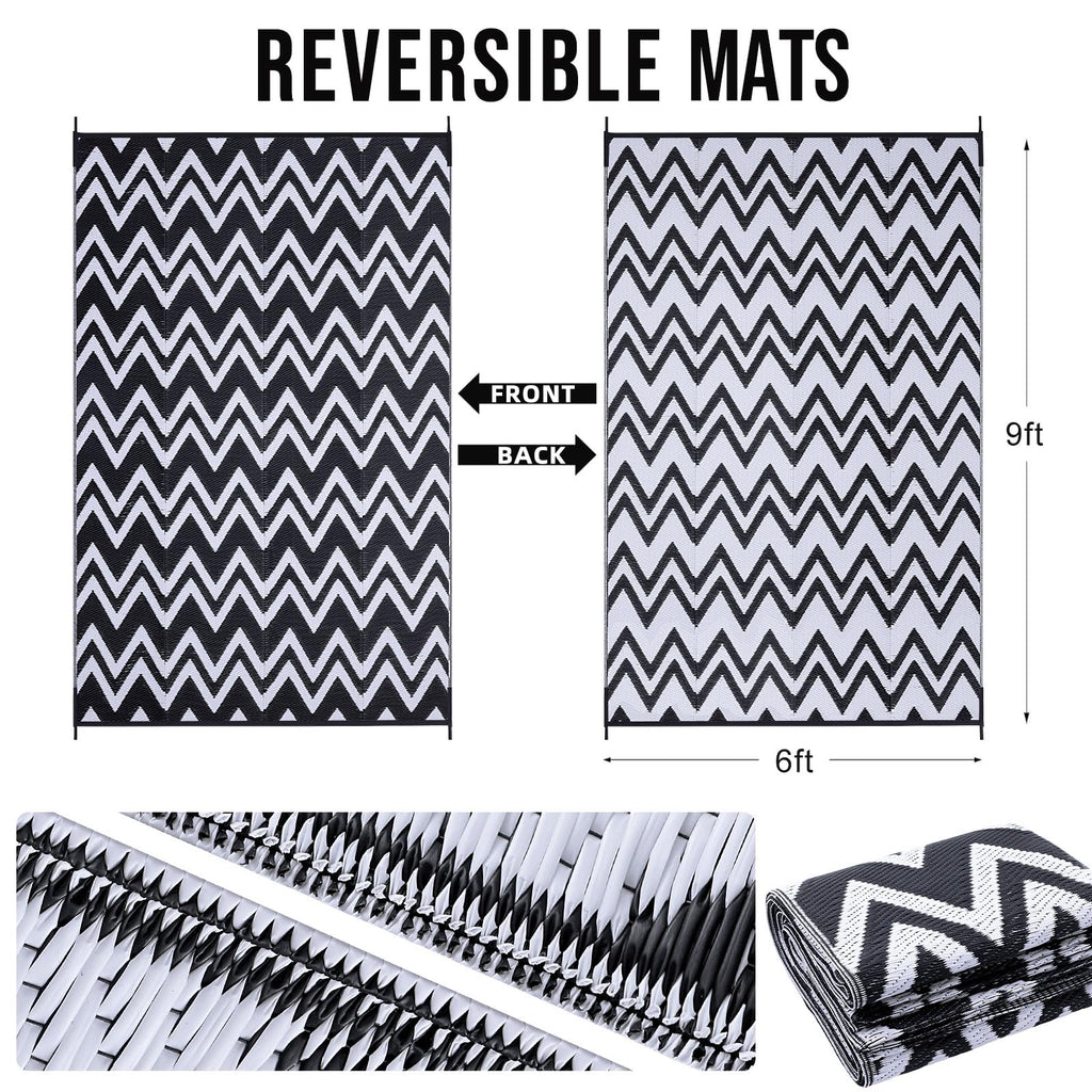 Outdoor Rug 6x9 ft Waterproof Reversible Chevron Mat, Black & White