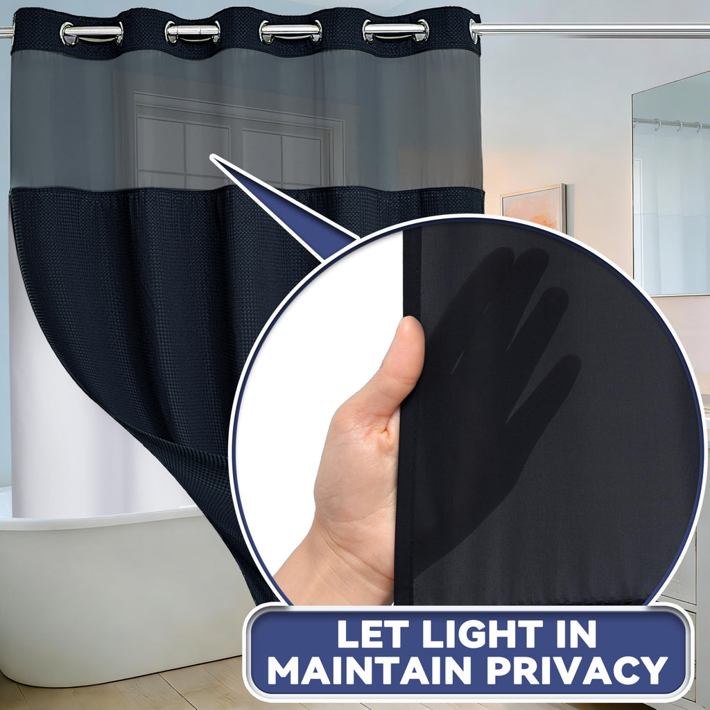 Extra Long No Hook Waffle Weave Shower Curtain with Snap in Liner Set, Hotel Luxury Black Shower Curtains with See