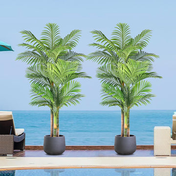 6ft Tall Triple Golden Cane Palm Artificial Tree 72inch Large Tropical Palm Tree UV Resistant Fake Plant in Pot - Set of 2