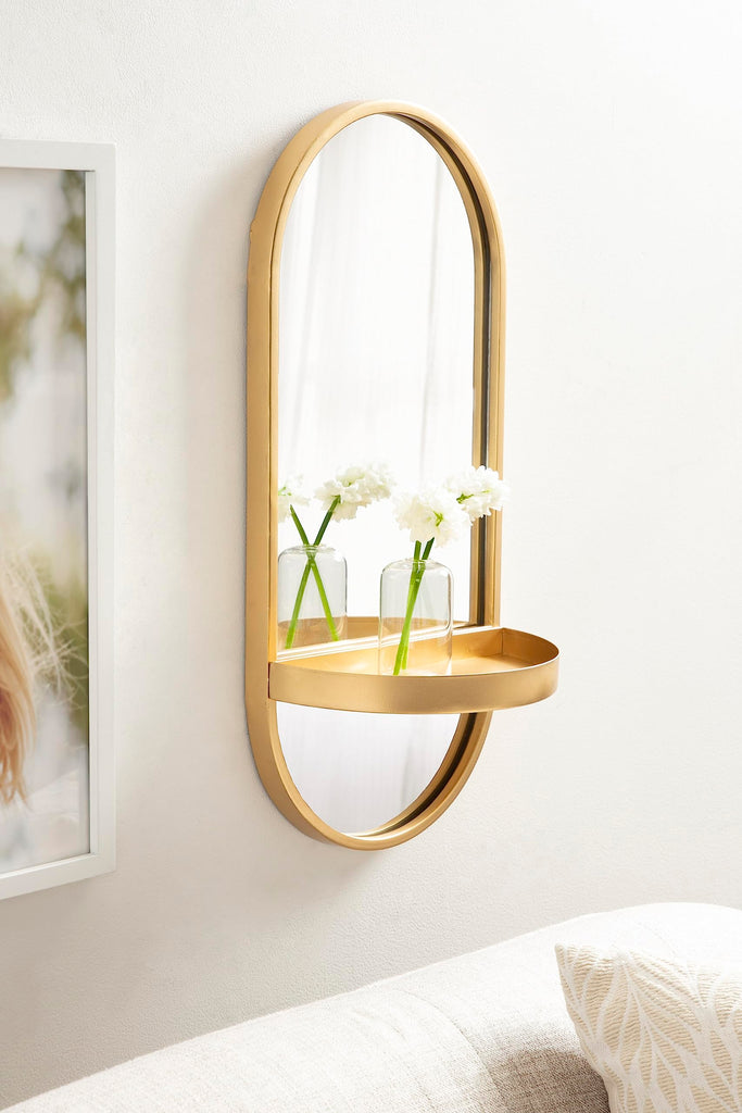 Estero Modern Metal Oval Mirror with Rounded Shelf; 11 x 25; Gold; Decorative Modern Glam Capsule Shelf Mirror