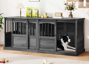 Double Dog Crate Furniture with Barn Sliding Doors Grey