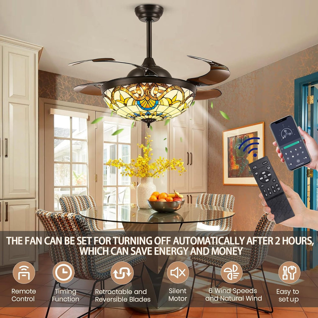42" Tiffany Ceiling Fans with Lights Stained Glass Ceiling Fan Retractable Chandelier Fan with Remote Control