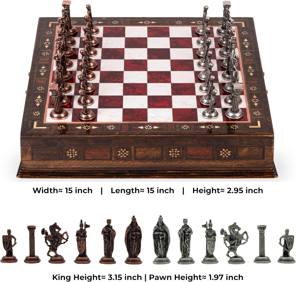 15-Inch Handmade Wooden Chess Set, Metal Pieces & Storage, Red
