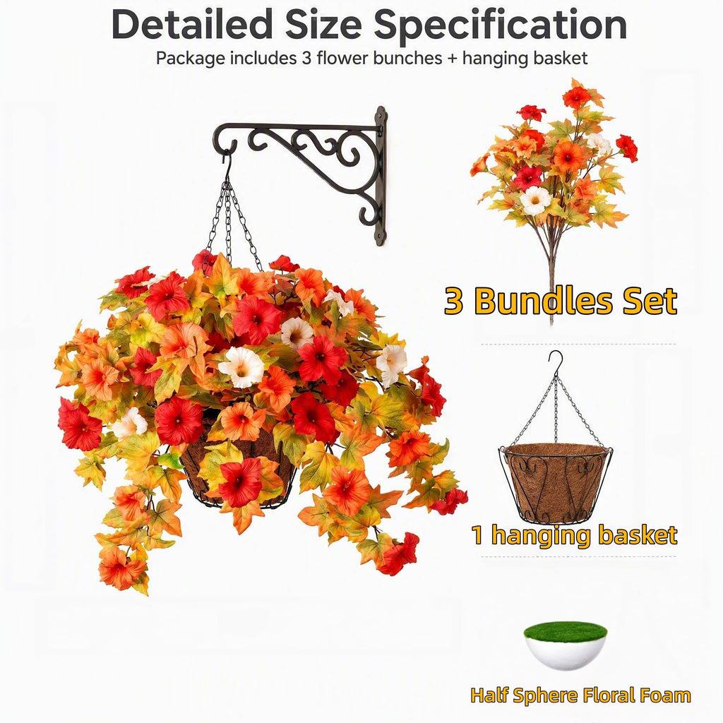 SaijinGlow Fall Hanging Basket UV Resistant Artificial Petunias Orange