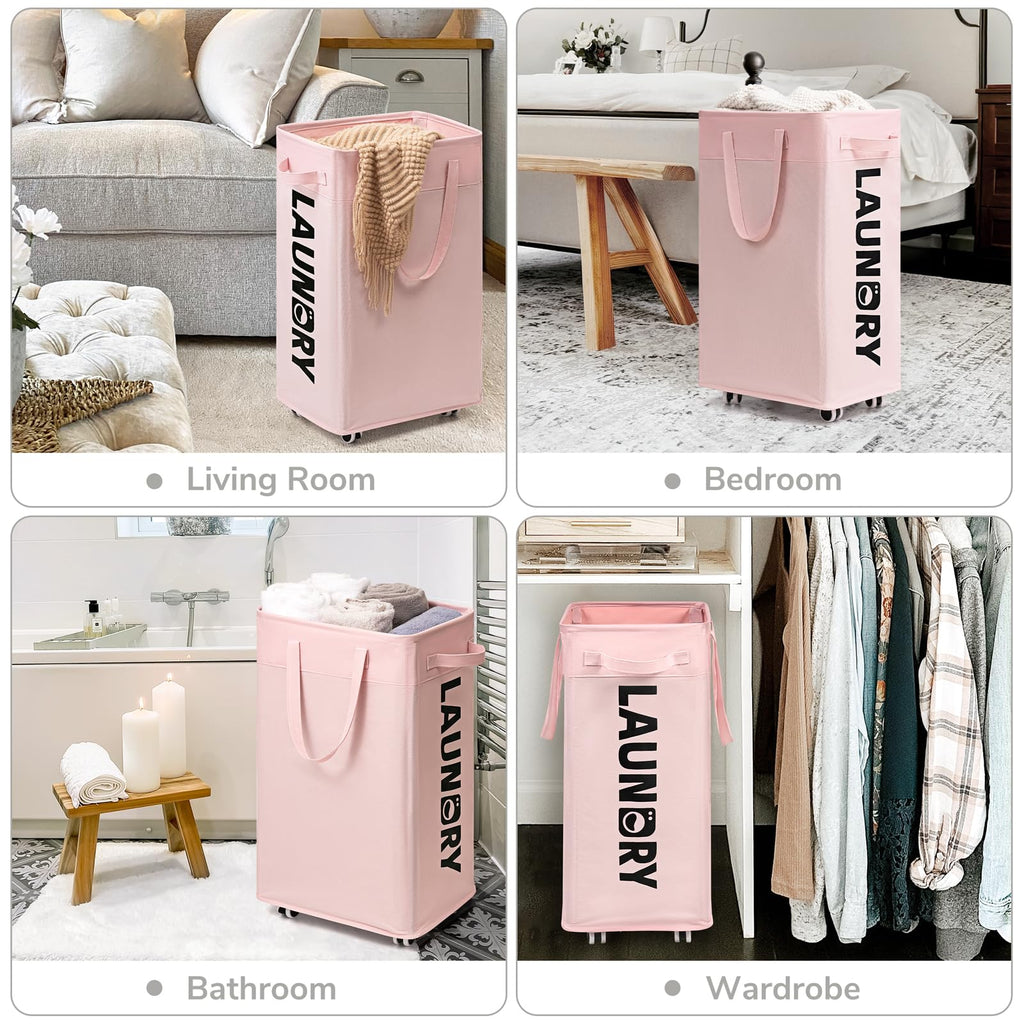 75L Rolling Laundry Basket with Wheels Removable Wash Bag, Pink