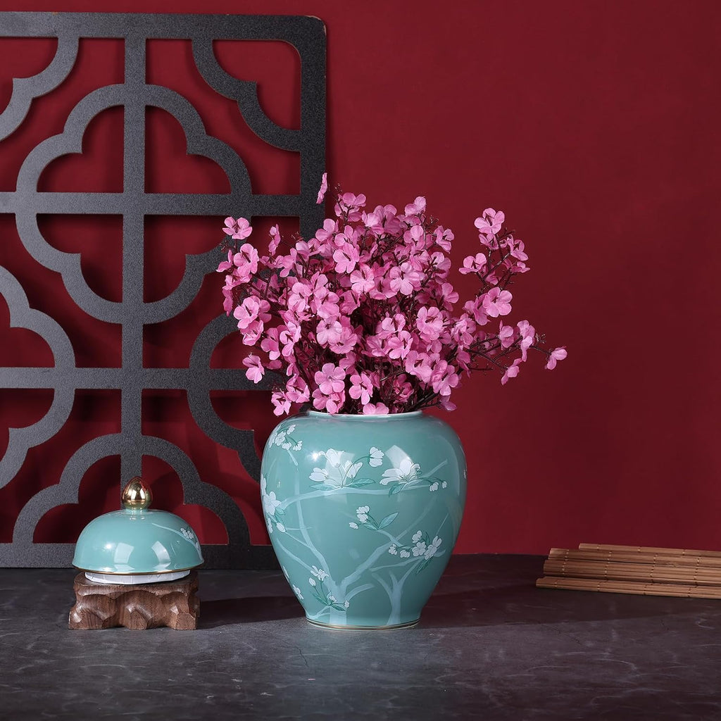 Green Pine Blossom Ceramic Jar-Blue and White Porcelain Ginger Jar, Chinoiserie Decorative Storage Jar