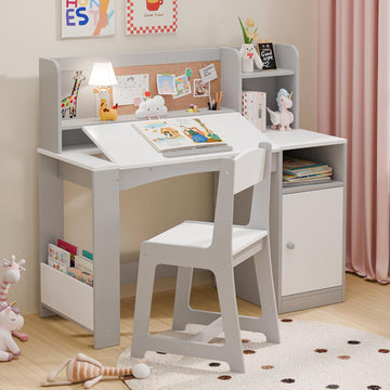 Kids Desk and Chair Set, Wooden Desk for Kids with Tiltable Desktop & Hutch, Kid Desk with Storage Cabinet, Study