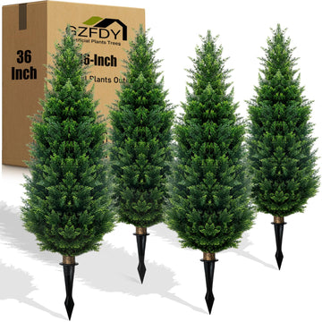 3Ft Artificial Cedar Topiary Trees (4-Pack) - UV Resistant Fake Shrubs with Ground Spike for Outdoor & Indoor Use