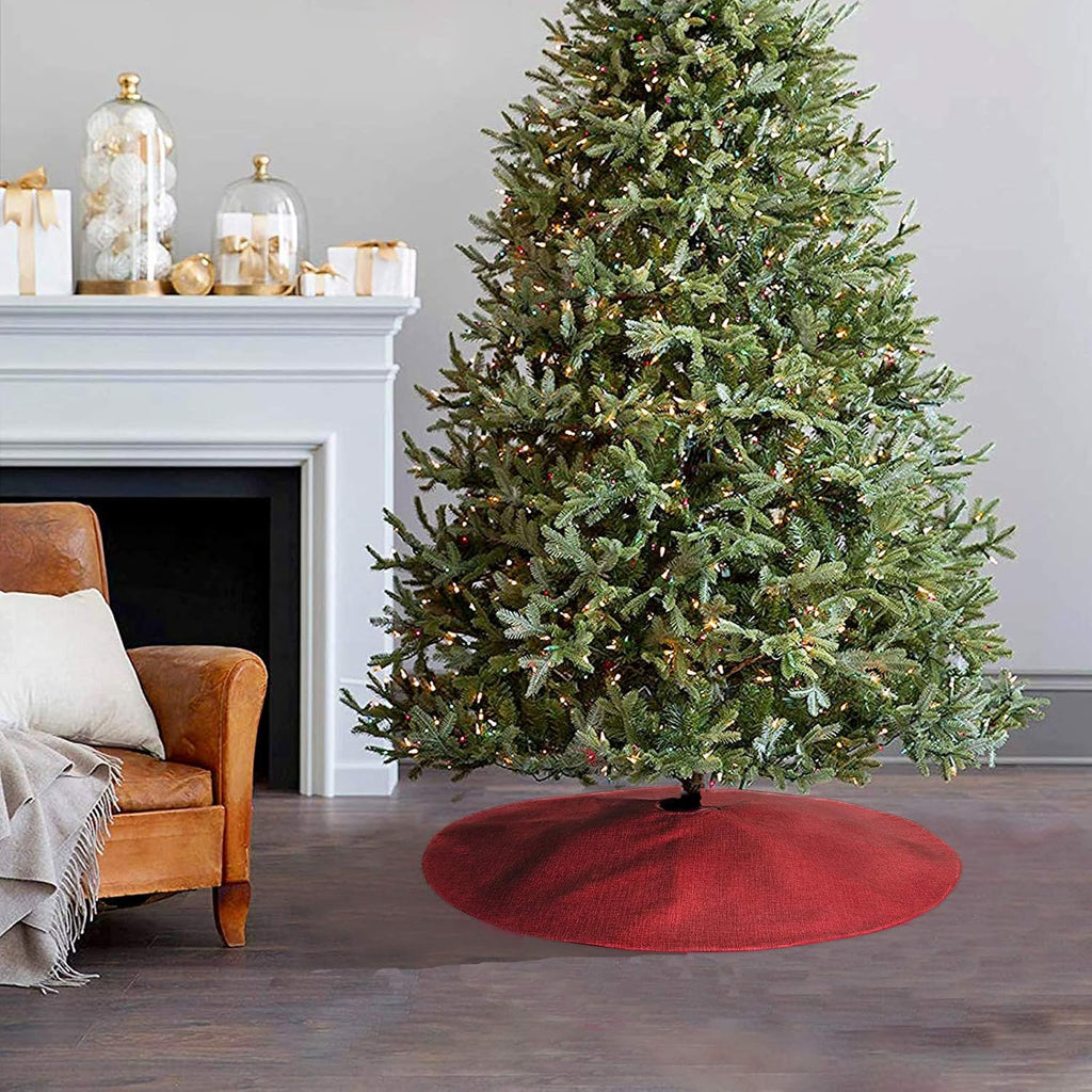 Christmas Tree Skirt, 36 inches Burgundy Burlap Double-Layer Plain Xmas Small Tree Skirt, Rustic Xmas Tree Holiday
