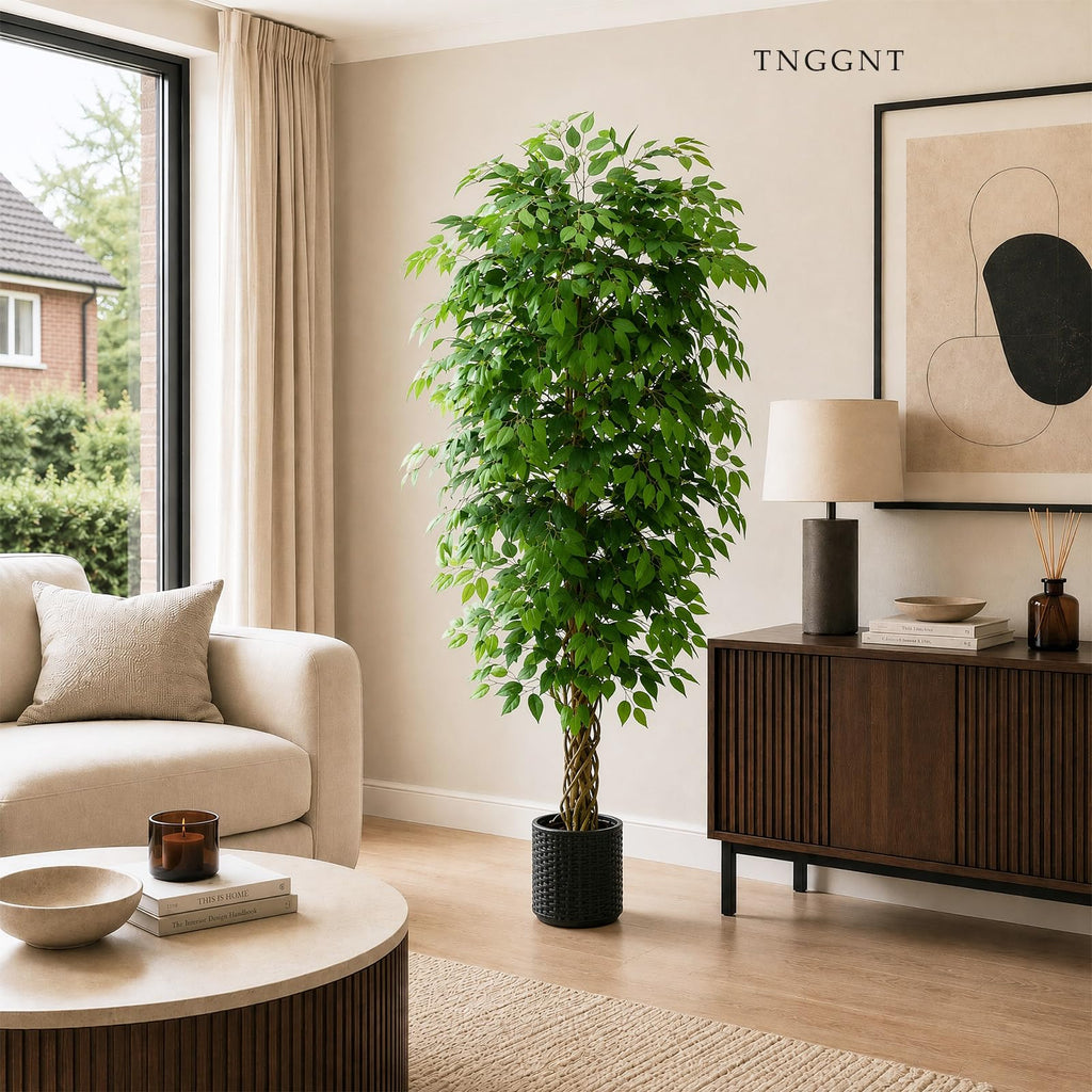 Artificial Ficus Tree:6FT Tall Faux Silk Floor Plant (Black Planter)