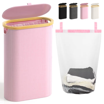 Slim Laundry Hamper with Lid, 60L Small Laundry Basket, Pink
