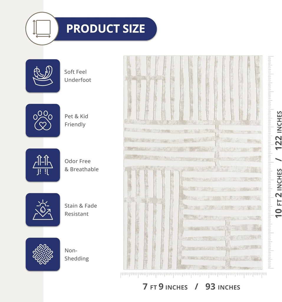 Beige Area Rug - - Living Room & Bedroom - Abstract Stripe Design - Indoor Use - Easy to Clean, Stain
