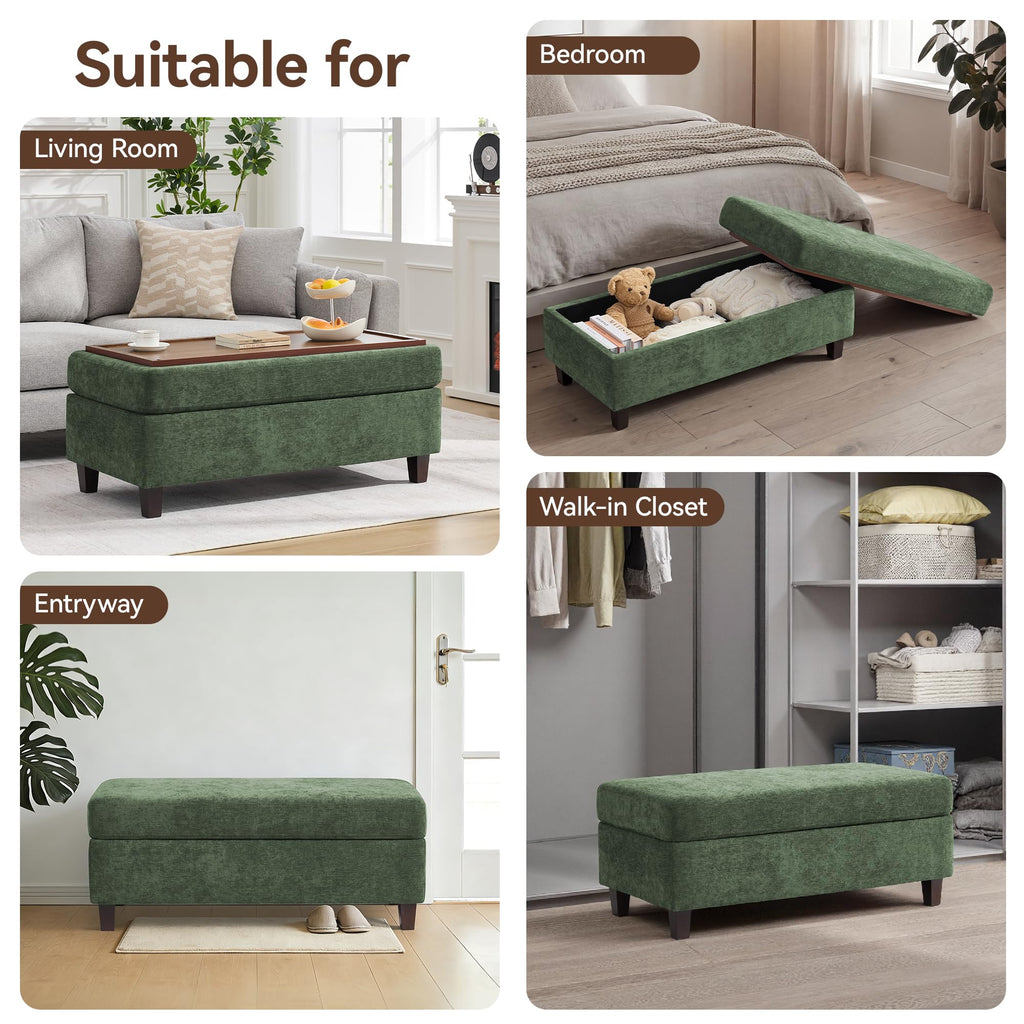 45 Inch Large Storage Ottoman Bench with Wooden Tray Coffee Table, Green Chenille Upholstered Foot Rest