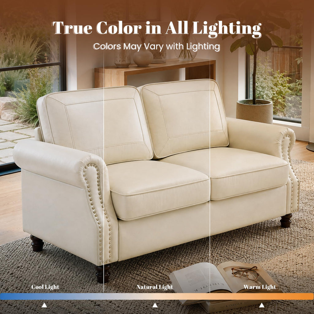 Faux Leather Loveseat Sofa with Rolled Arms, Cream