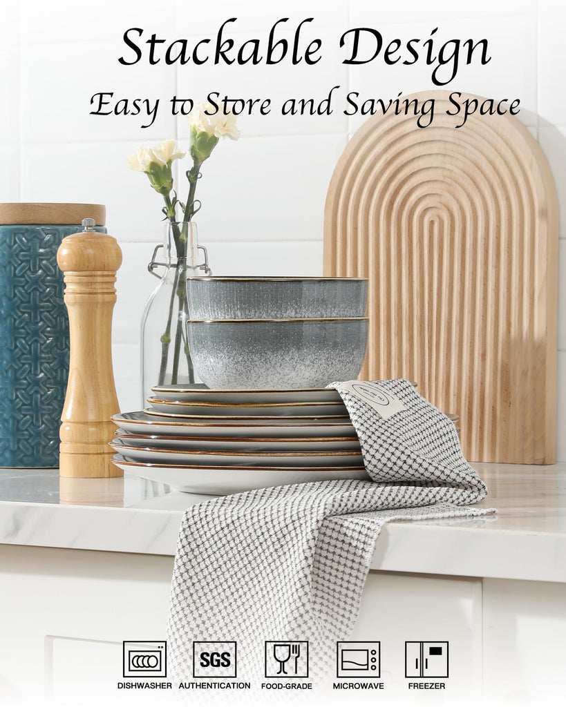 Dinnerware Sets Service for 4, 12 pcs Porcelain Plates and Bowls waring Gift, Chip and Scratch Resistant Dish Set