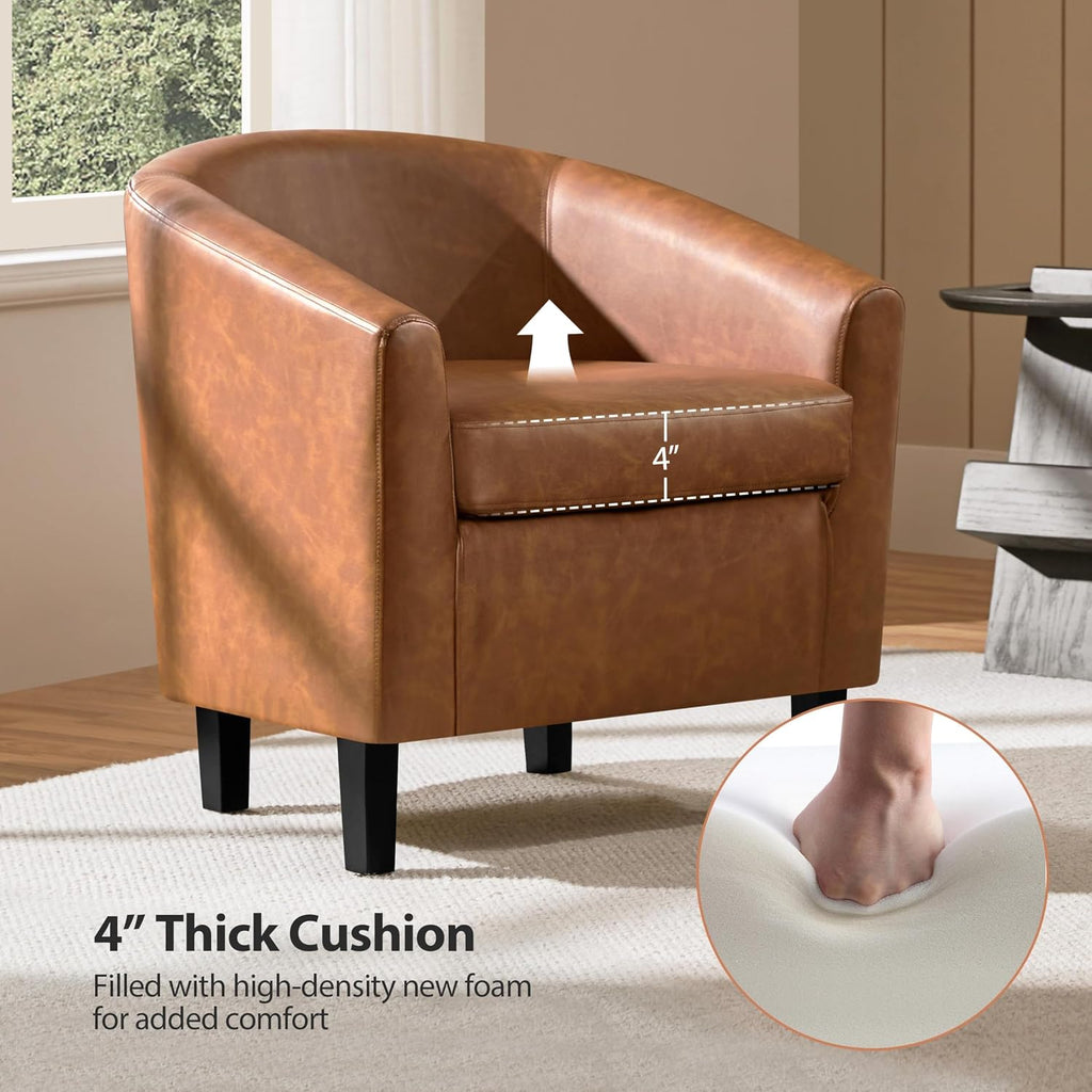 Accent Chairs, Faux Leather Barrel Armchairs Brown - Set of 2