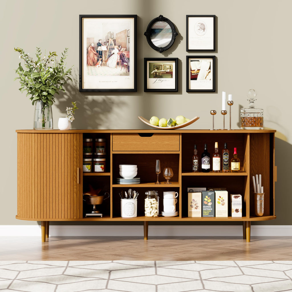 71" Sideboard Buffet Cabinet with Storage, Mid Century Modern Coffee Bar Cabinet with Sliding Doors and1 Drawer, Large