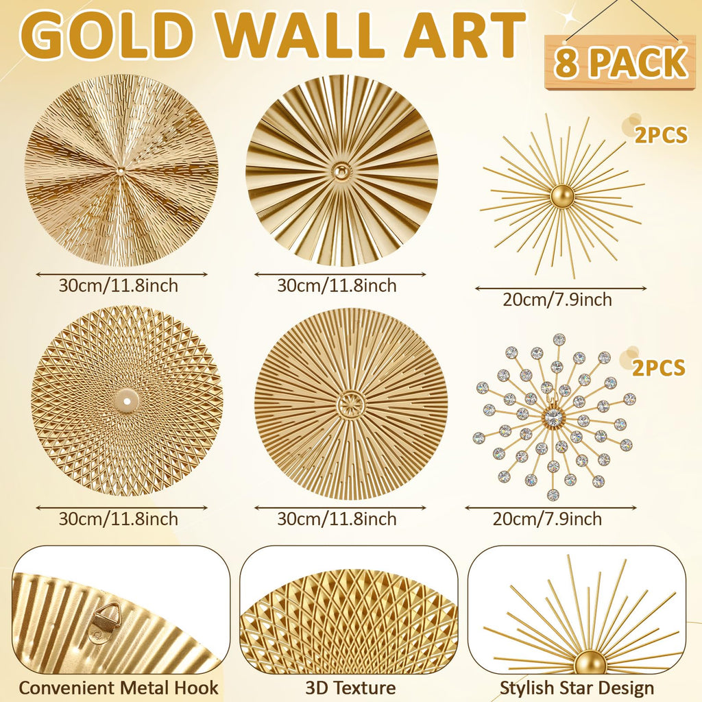 8 Pcs Metal Wall Decoration Metal Starburst Radial Plate Art Hanging Decorative Wall Decorations 3D Sunburst