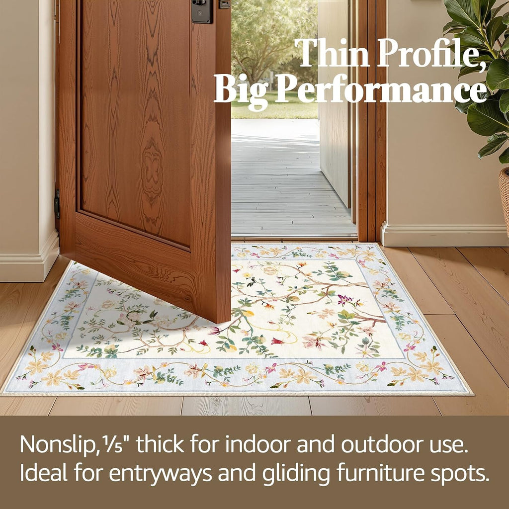 2x3 Washable Entryway Area Rug, Soft Floral Non-Slip, Beige/Blue