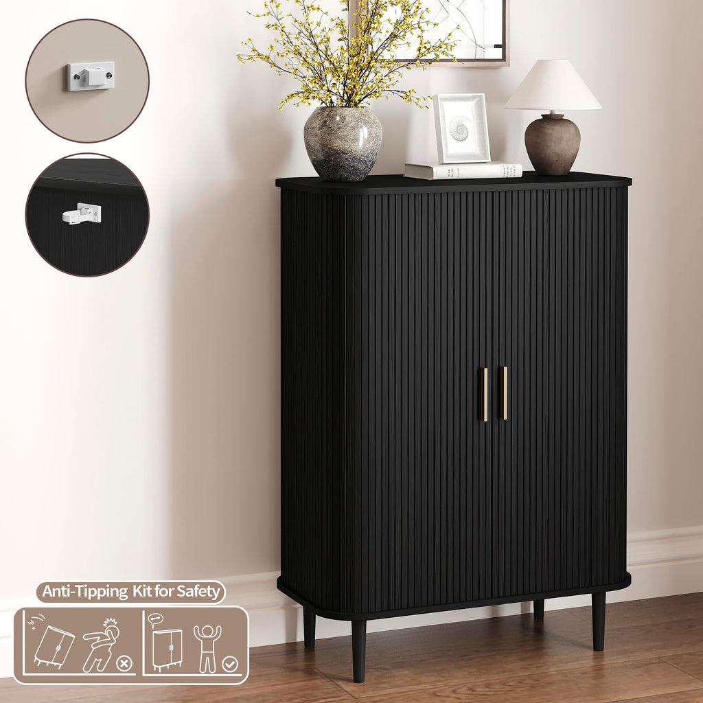 Shoe Storage Cabinet with Sliding Door, 6-Tier Shoe Cabinet with Adjustable Shelves, Mid-Century Modern Freestanding