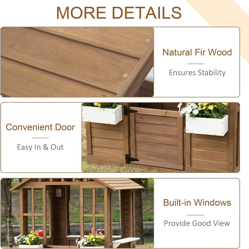 Outdoor Playhouse Wooden Kids Playhouse with Working Door Brown | Windows, Kids Cottage, Flowers Pot Holder, Backyard