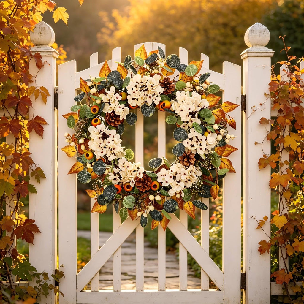 22 Inch Fall Hydrangea Wreaths for Front Door, Artificial Autumn Wreath with White Hydrangea, Eucalyptus, Berries