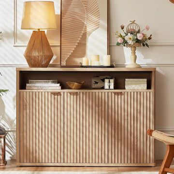 45" Fluted Buffet Cabinet with 3 Doors & Open Shelf - Natural Oak Sideboard Credenza with Gold Handles