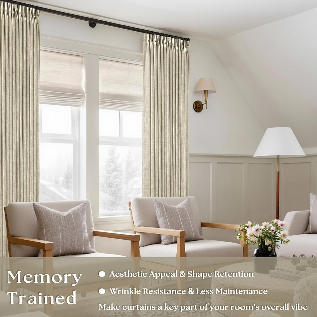 Beige Linen Curtains 96 Inches Long Pinch Pleated 2 Panels Living Room Bedroom Memory Trained Semi Sheer Neutral Flax