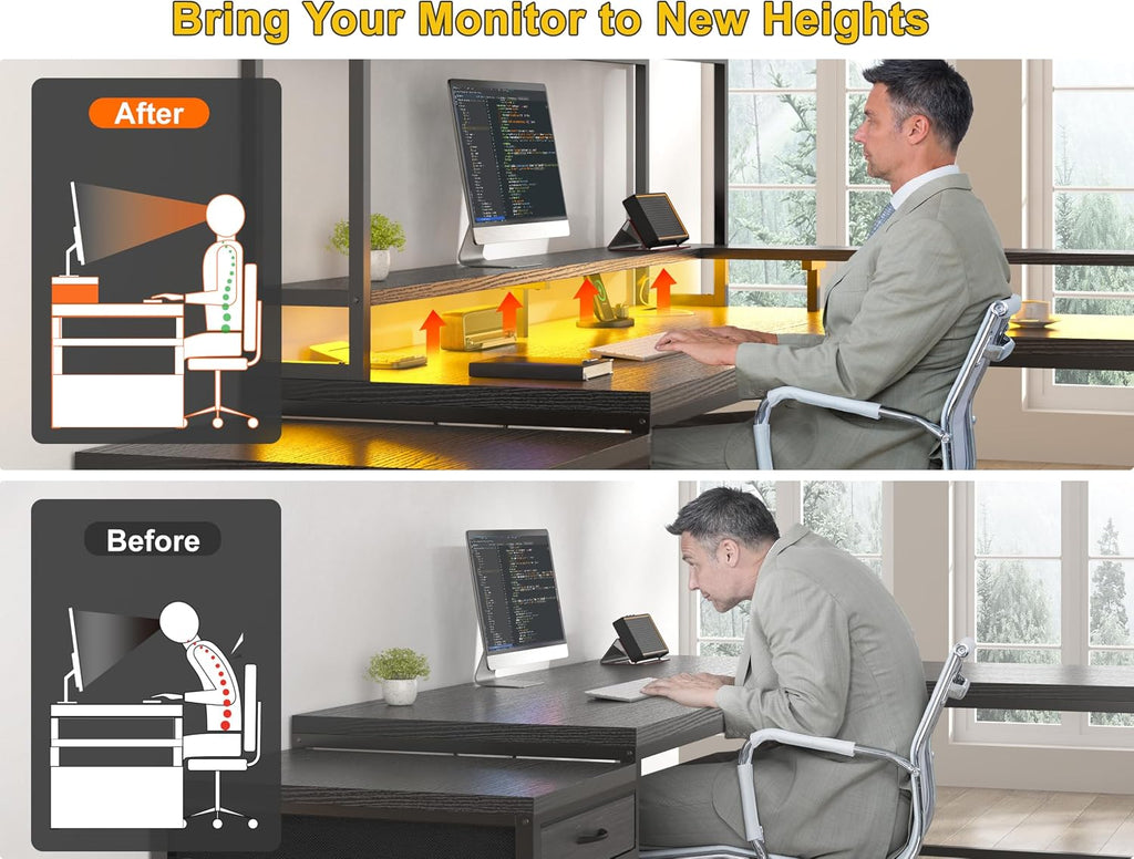 64x59 Inch Two Person L Shaped Gaming Desk with Shelf & LED Lights | 4-Layout with 4 AC+2 USB Charging Ports, Remote