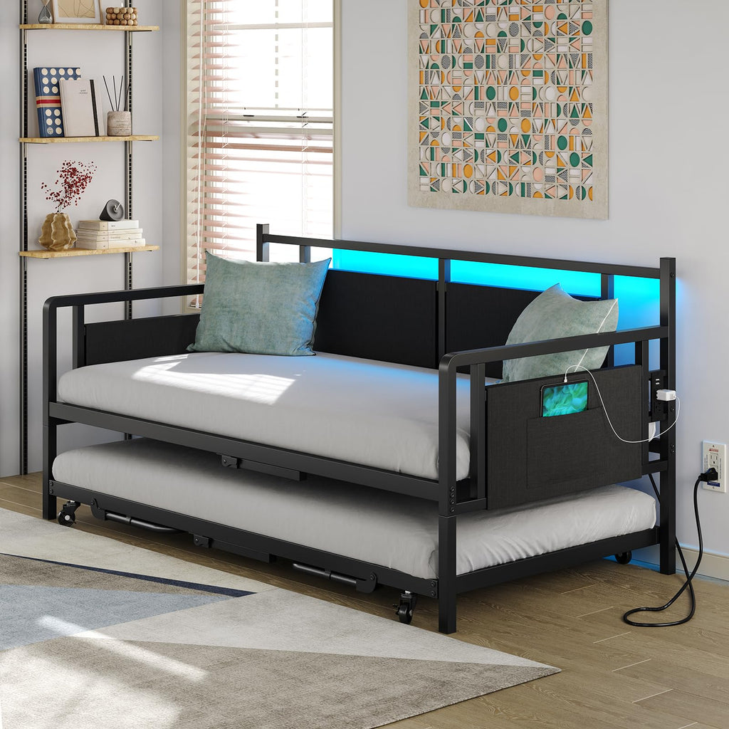 Daybed with Charging Station and LED Lights, Twin Daybed with Trundle, Metal Bed Frame with Steel Slat Support