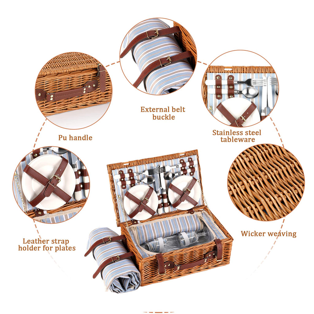 Wicker Picnic Basket for 4 with Waterproof Blanket Blue Stripes
