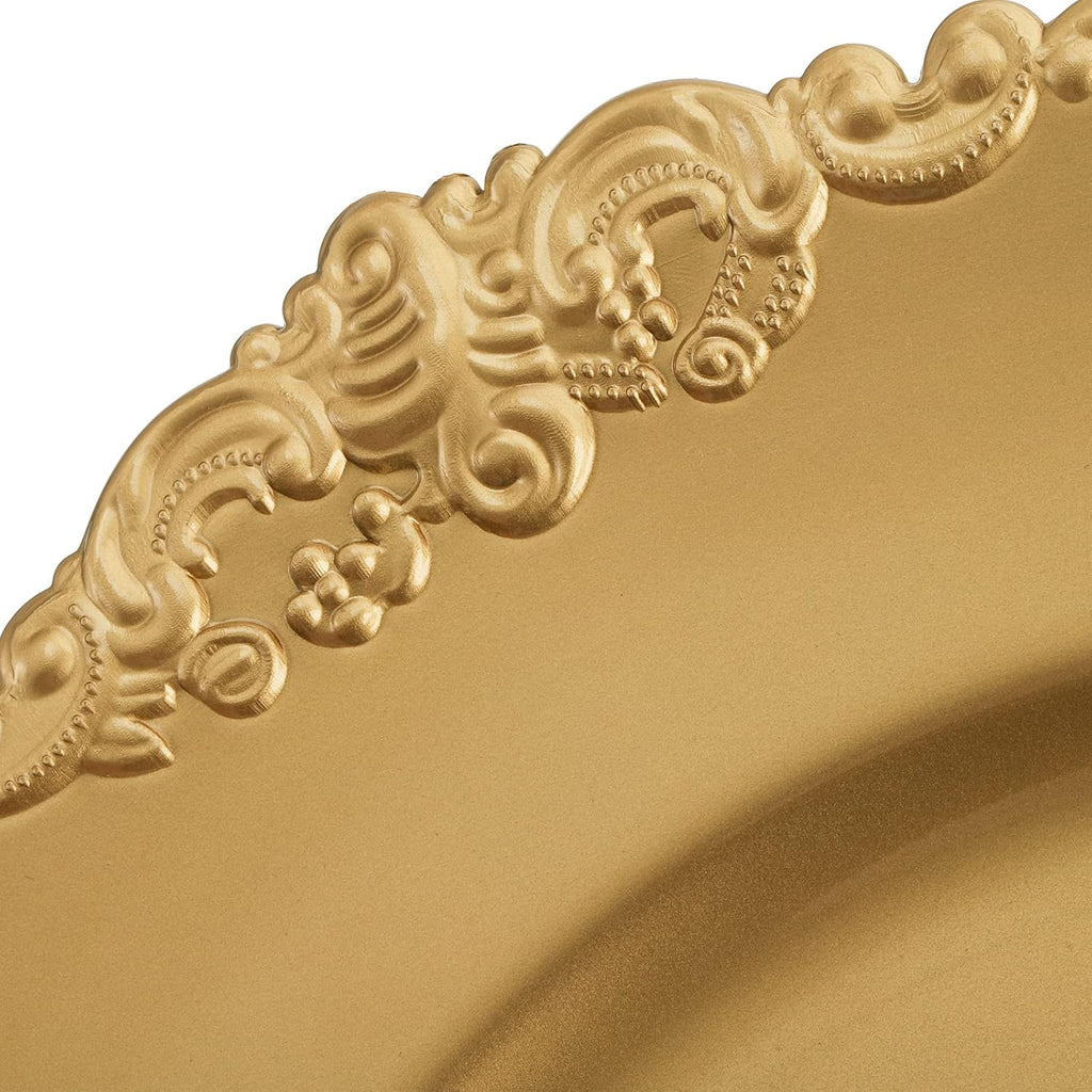 Gold Charger Plates, 13" Round Dinner Charger Plates with Embossed Rim for Catering, Wedding, Tabletop Decor - Set of 12