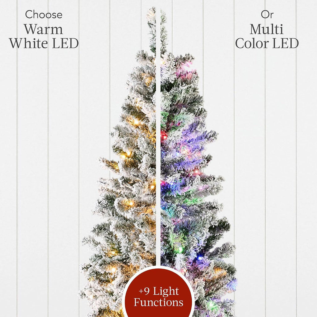Flocked Pencil Christmas Tree, Pre-Lit Slim Artificial Holiday Decoration, 2-in-1 White & Multicolor Lights