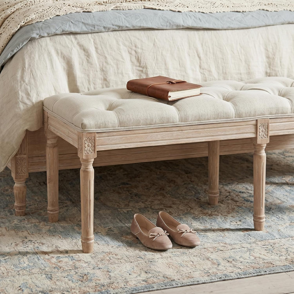 47.2" Vintage Tufted Entryway Upholstered Linen Chaise Bench with RubberWood Legs, End of Bed Bench , Indoor Extra