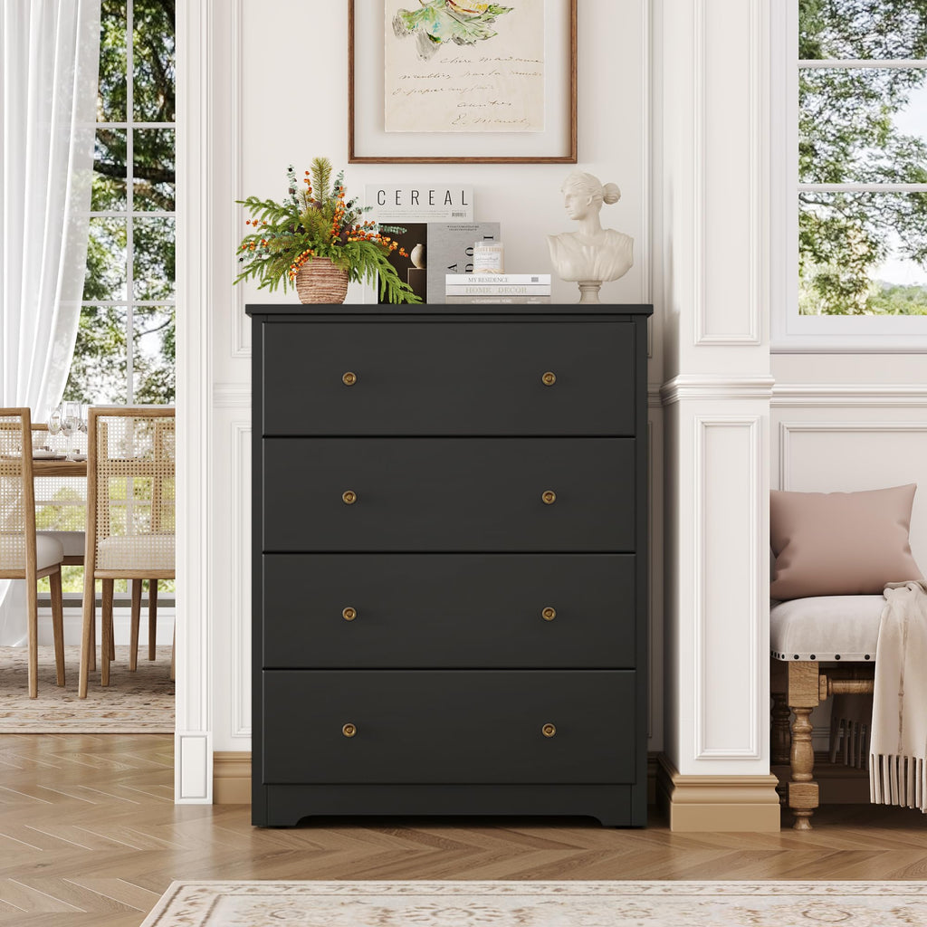 Black Dresser with 4 Drawers, 29" W Chest of Drawers, Wood Dresser | Modern 4 Drawers Dresser, Space-Saving Vertical