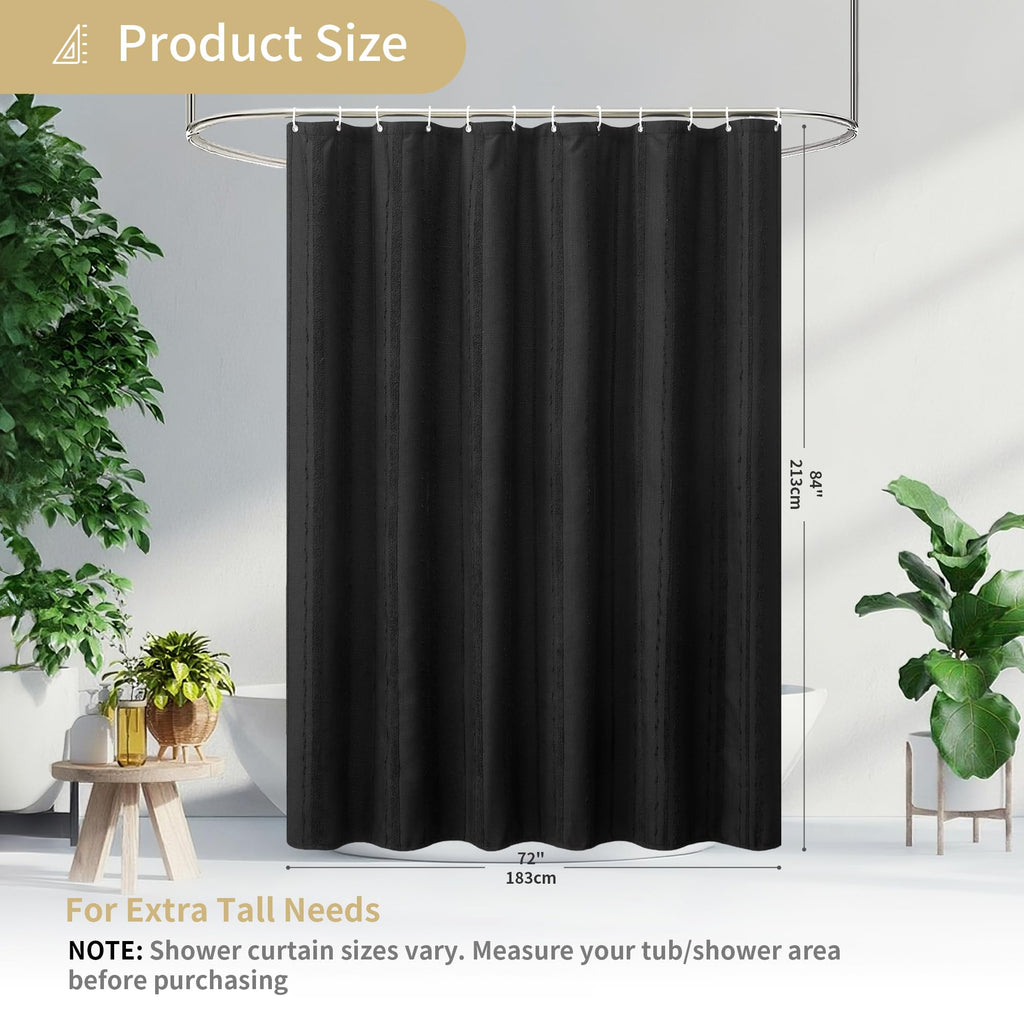Extra Long Black Shower Curtain Boho, 72 x 84 Cotton Blend Waffle Weave Stripe Textured Heavy Duty, Fabric Shower