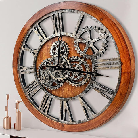 The B-Style Large Wall Clock 24 inch Moving Gear Wall Clock Oversized Vintage Farmhouse Wall Clocks for Living Room